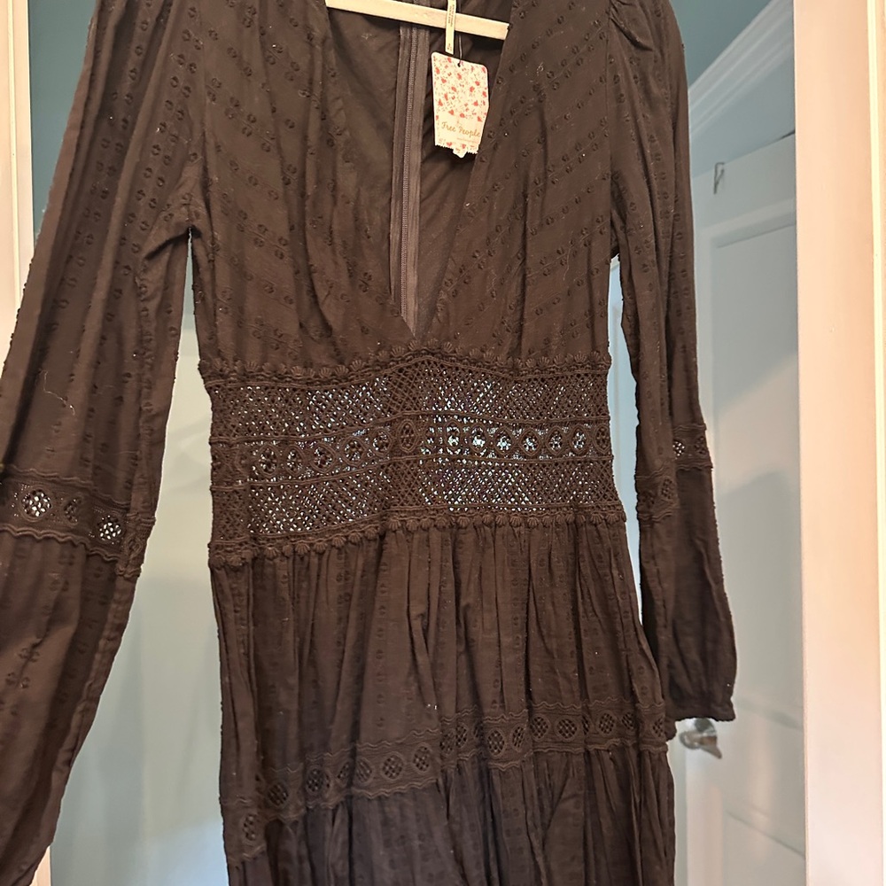NWT Free People Black Ruched Buttoned Mini Dress M